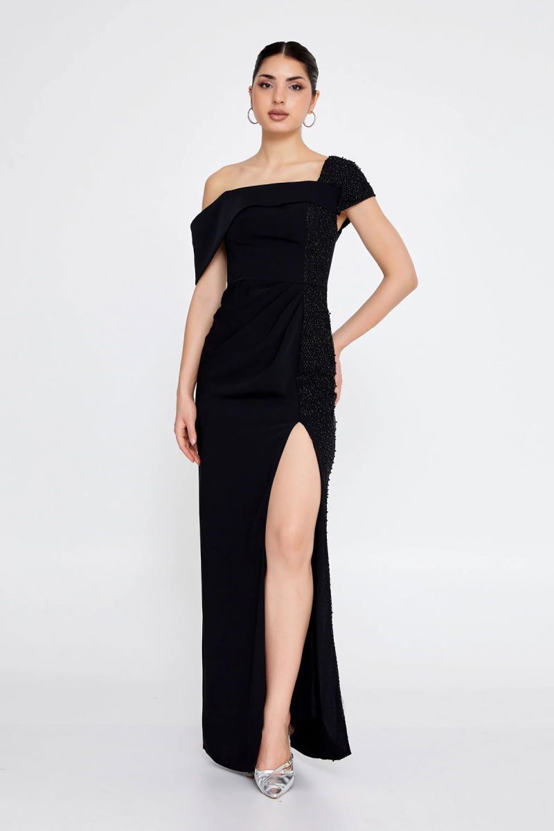 Doridorca Kadın Büyük Beden Tek Omuz Detaylı Derin Yırtmaçlı Uzun Abiye Elbise 6103 Siyah - Doridorca