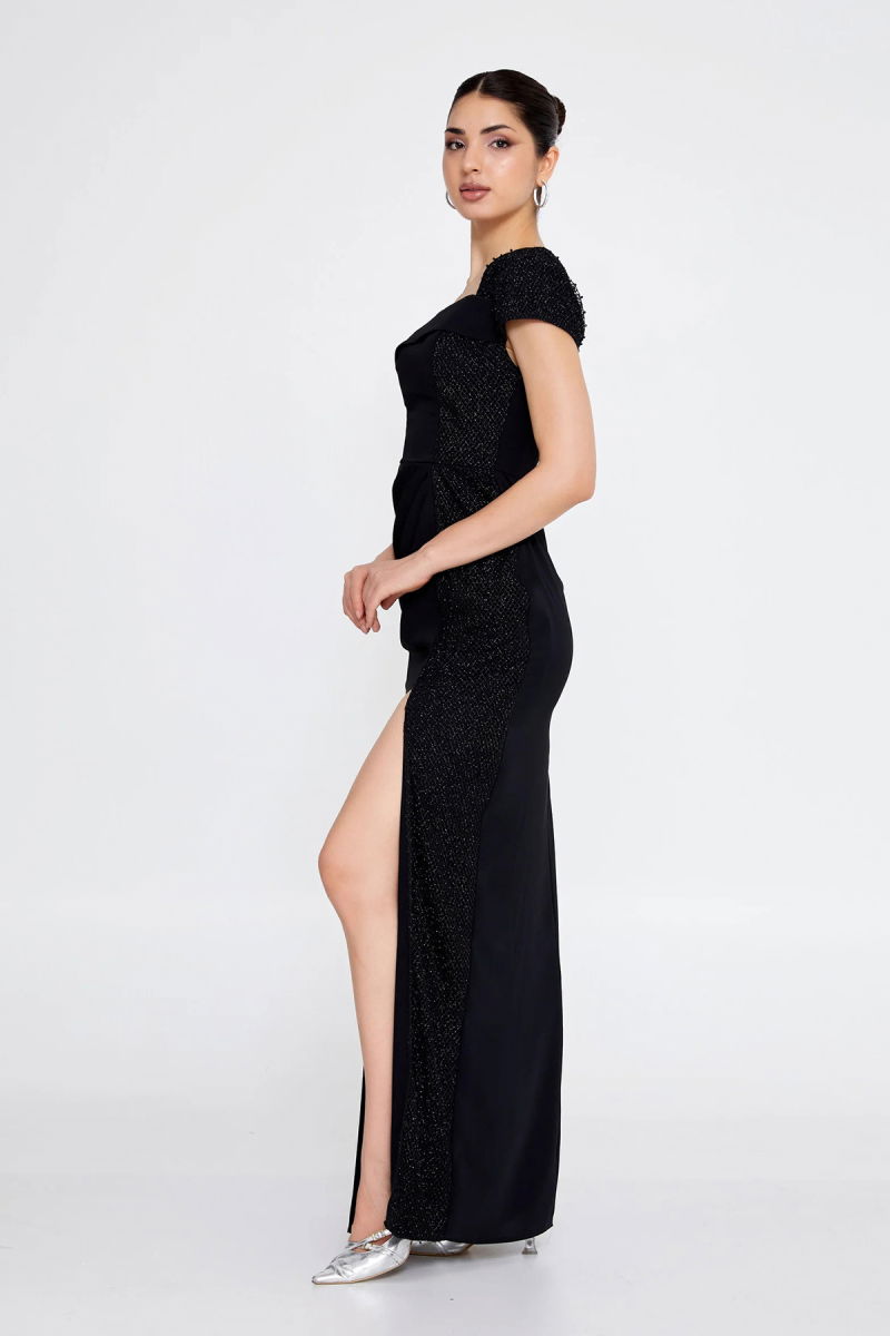 Doridorca Kadın Büyük Beden Tek Omuz Detaylı Derin Yırtmaçlı Uzun Abiye Elbise 6103 Siyah - 2