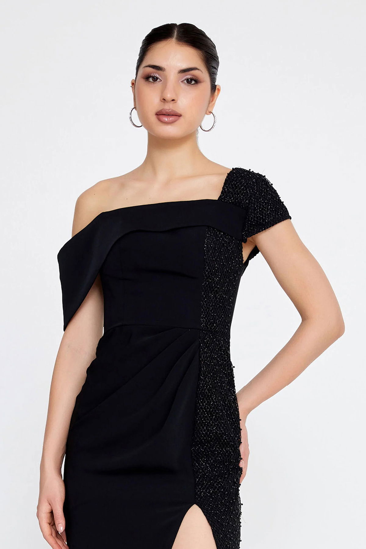 Doridorca Kadın Büyük Beden Tek Omuz Detaylı Derin Yırtmaçlı Uzun Abiye Elbise 6103 Siyah - 3