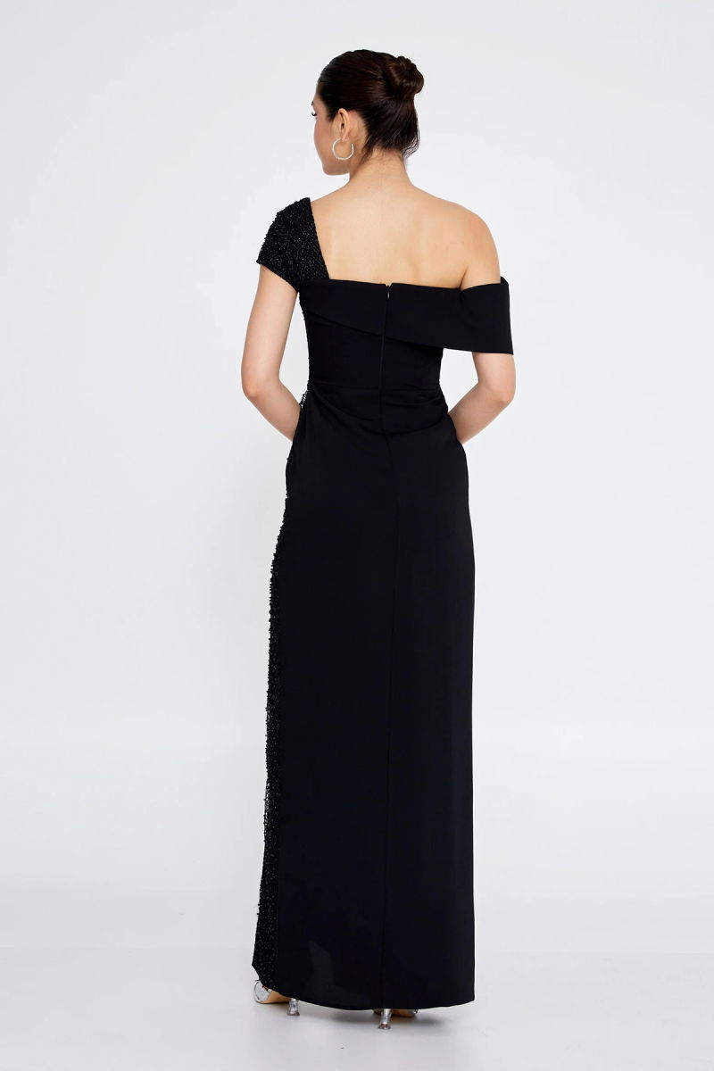 Doridorca Kadın Büyük Beden Tek Omuz Detaylı Derin Yırtmaçlı Uzun Abiye Elbise 6103 Siyah - 4