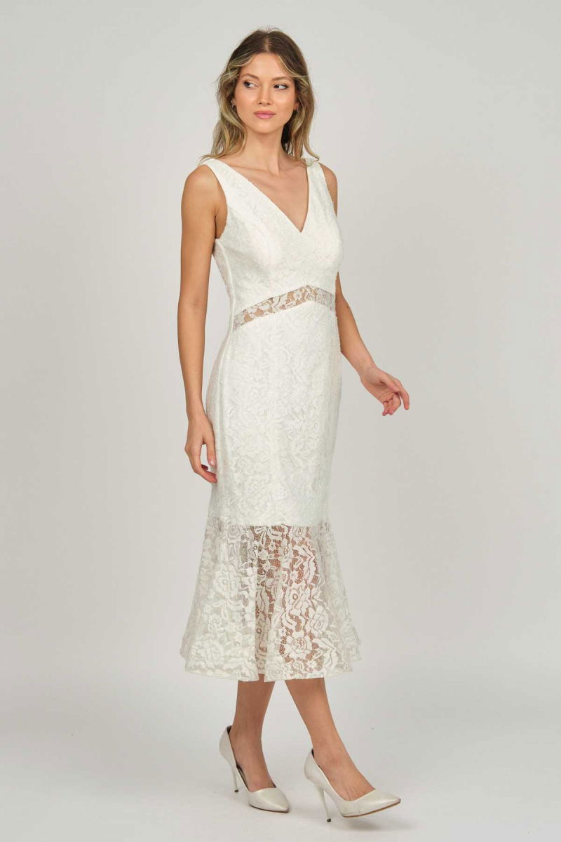 Doridorca Kadın Dantel Detaylı Midi Boy Abiye Elbise 5921033 Kemik - Doridorca