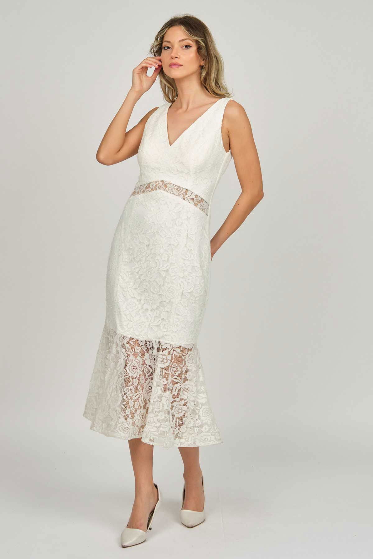 Doridorca Kadın Dantel Detaylı Midi Boy Abiye Elbise 5921033 Kemik - 2