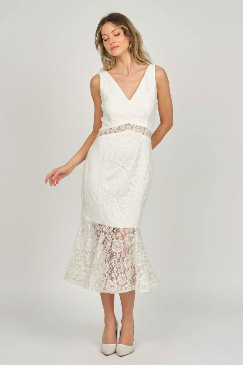 Doridorca Kadın Dantel Detaylı Midi Boy Abiye Elbise 5921033 Kemik - 3