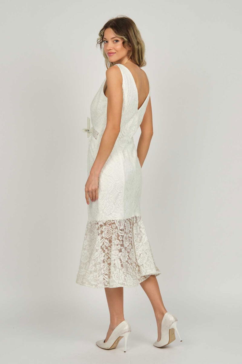 Doridorca Kadın Dantel Detaylı Midi Boy Abiye Elbise 5921033 Kemik - 4