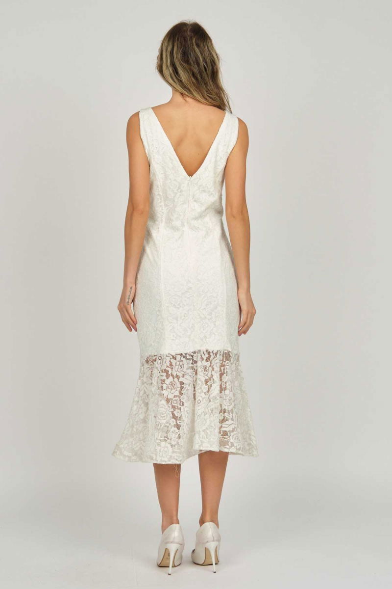 Doridorca Kadın Dantel Detaylı Midi Boy Abiye Elbise 5921033 Kemik - 5