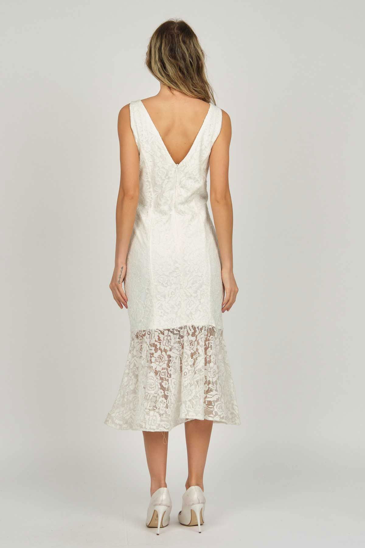 Doridorca Kadın Dantel Detaylı Midi Boy Abiye Elbise 5921033 Kemik - 5