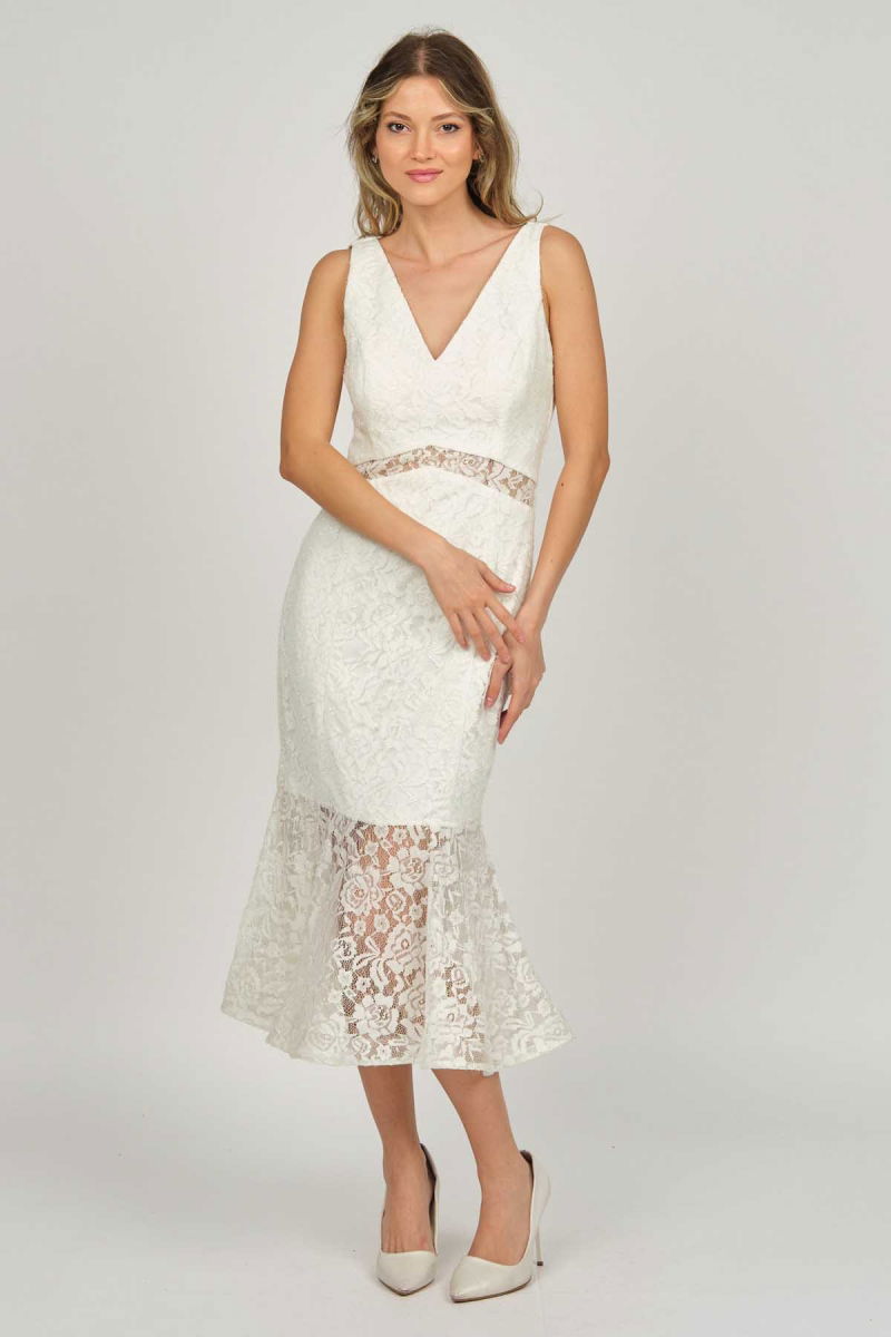 Doridorca Kadın Dantel Detaylı Midi Boy Abiye Elbise 5921033 Kemik - 6