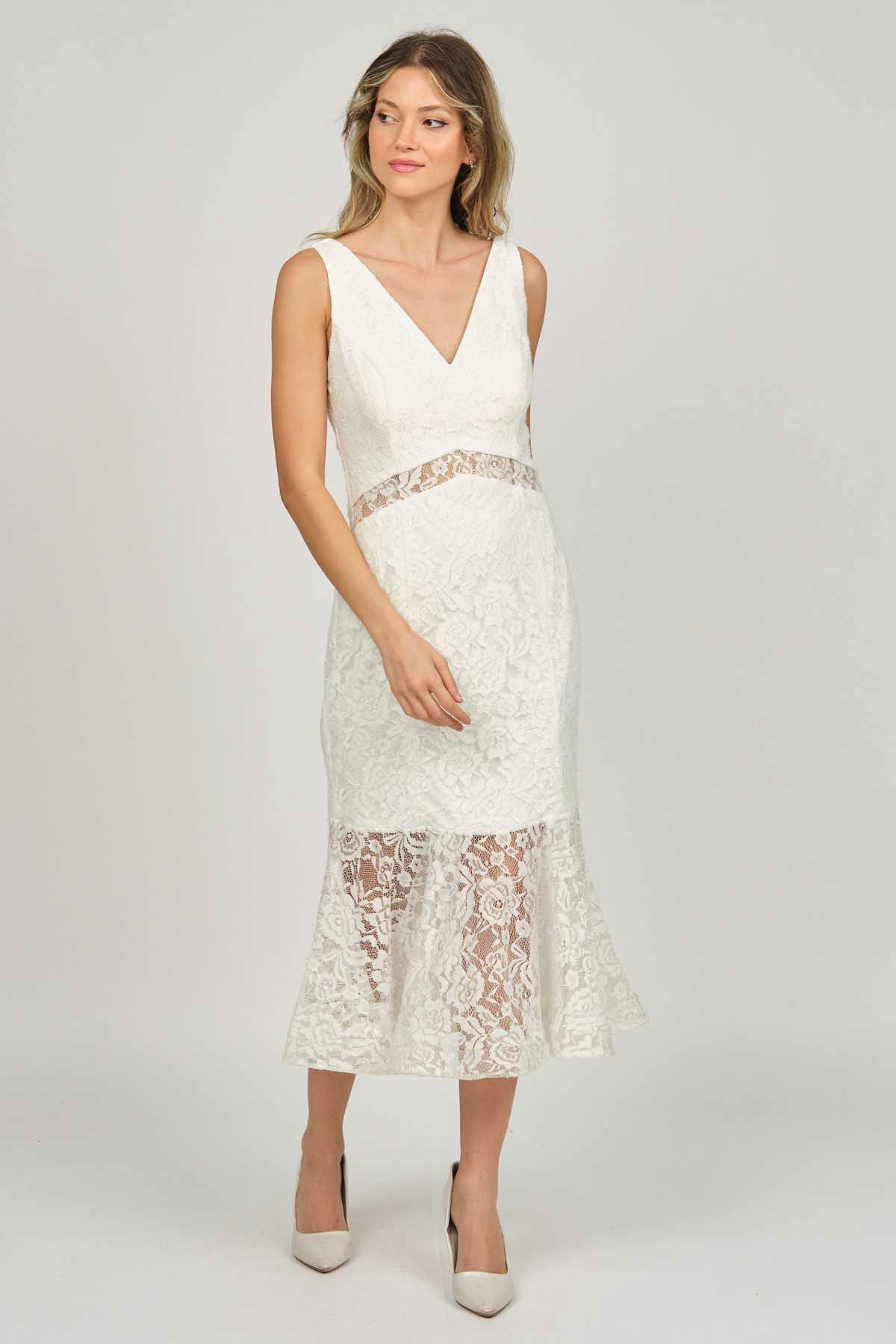 Doridorca Kadın Dantel Detaylı Midi Boy Abiye Elbise 5921033 Kemik - 7