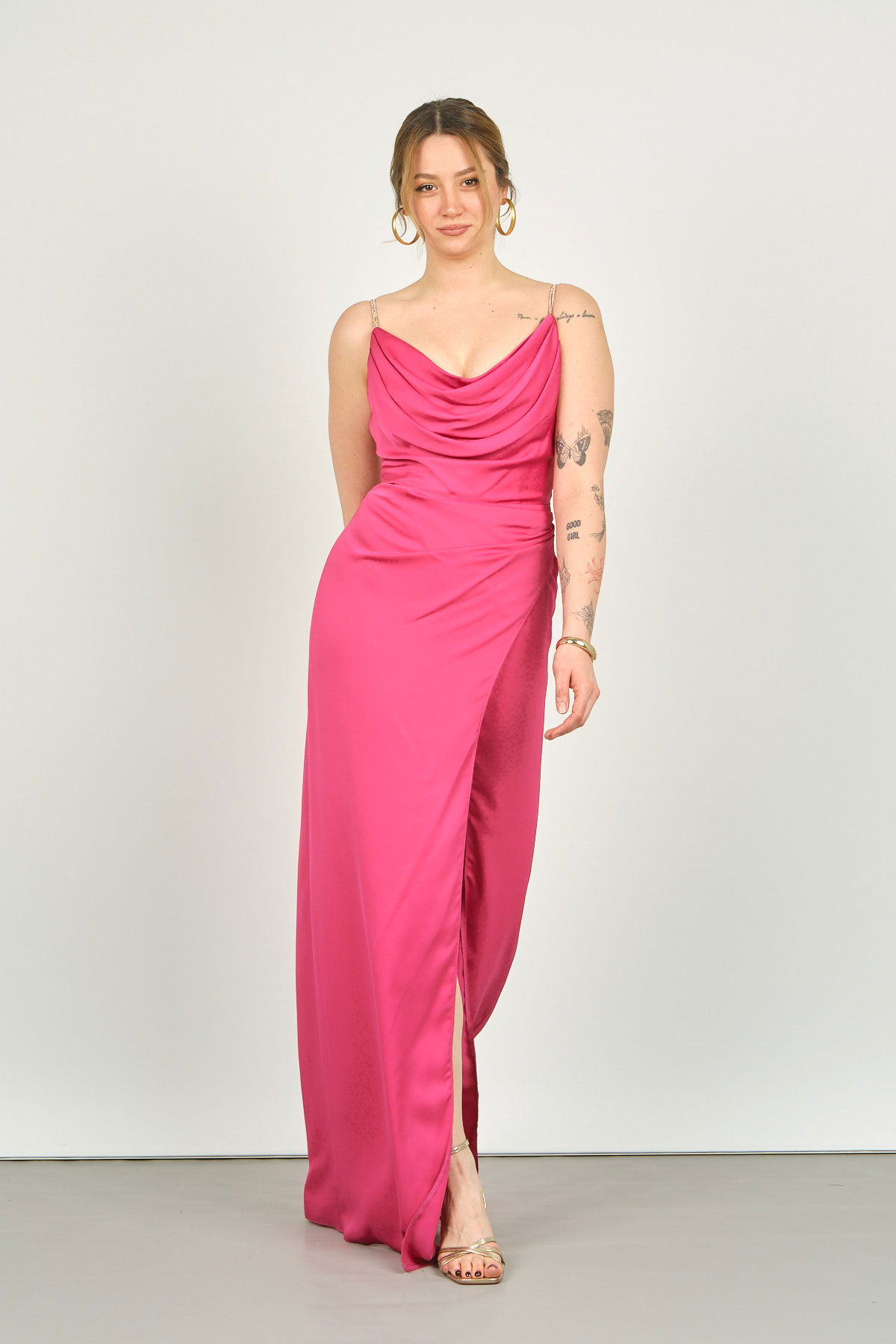 Doridorca Kadın Degaje Yaka Abiye Elbise 4116 Fuşya - 1