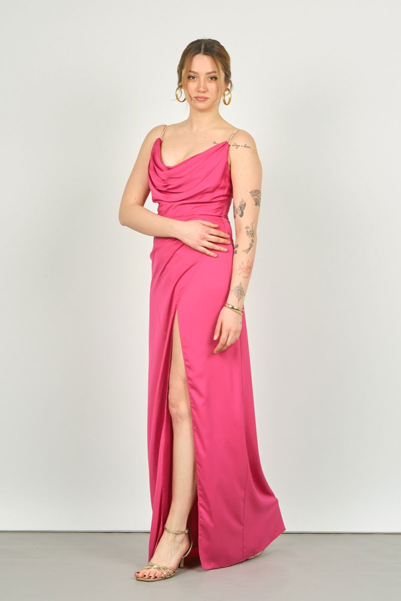 Doridorca Kadın Degaje Yaka Abiye Elbise 4116 Fuşya - 2