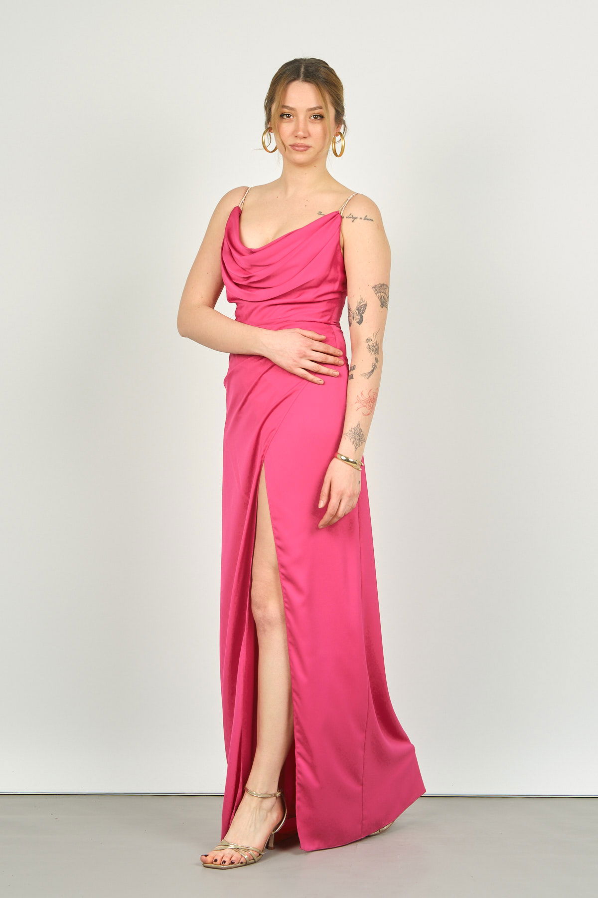 Doridorca Kadın Degaje Yaka Abiye Elbise 4116 Fuşya - 2