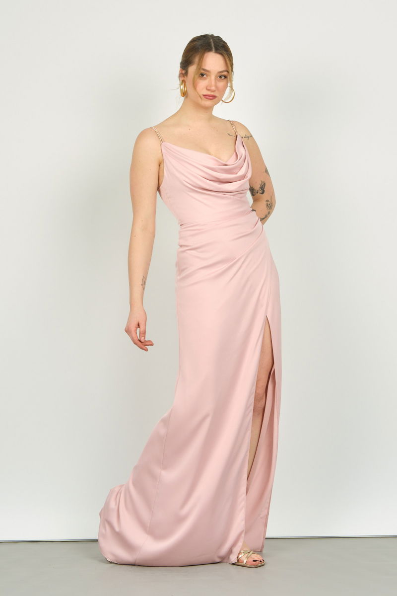 Doridorca Kadın Degaje Yaka Abiye Elbise 4116 Pudra - Doridorca