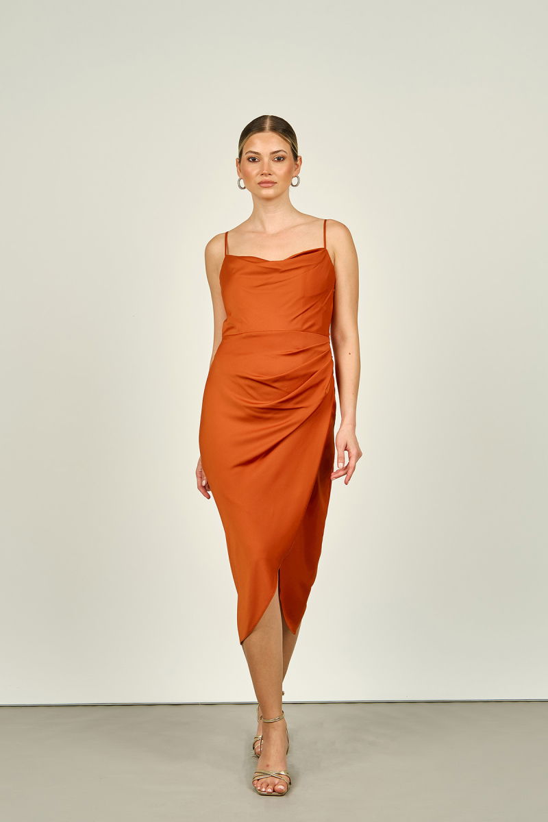 Doridorca Kadın Degaje Yaka Abiye Elbise 5923060 Kiremit - Doridorca