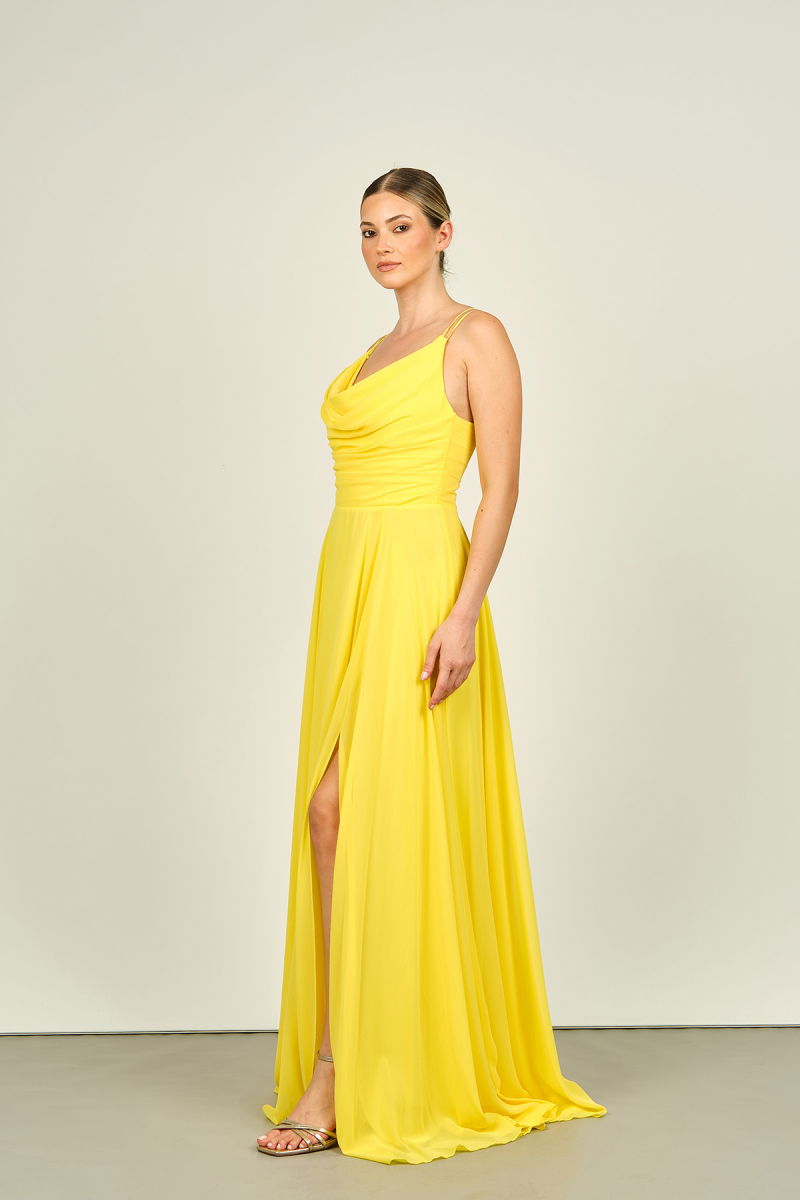 Doridorca Kadın Degaje Yaka Askılı Derin Yırtmaçlı Şifon Uzun Abiye Elbise 5090 Sarı - Doridorca