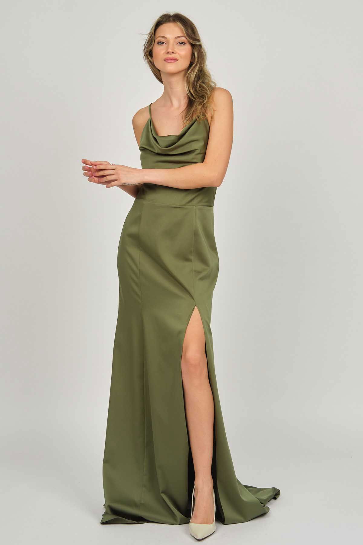 Doridorca Kadın Degaje Yaka Derin Yırtmaçlı Abiye Elbise 5922125 Haki - 3