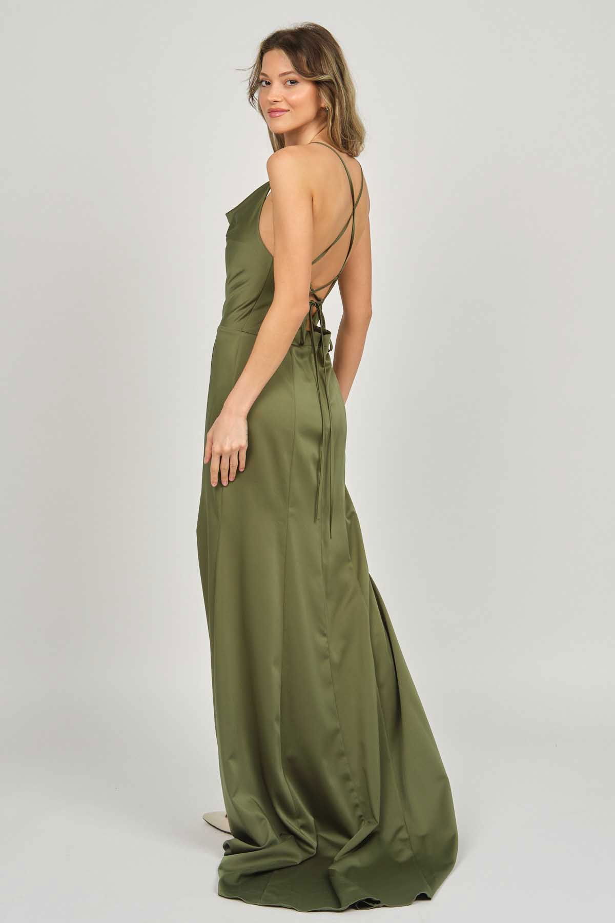 Doridorca Kadın Degaje Yaka Derin Yırtmaçlı Abiye Elbise 5922125 Haki - 5