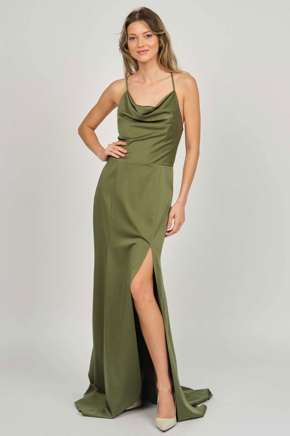 Doridorca Kadın Degaje Yaka Derin Yırtmaçlı Abiye Elbise 5922125 Haki - 6