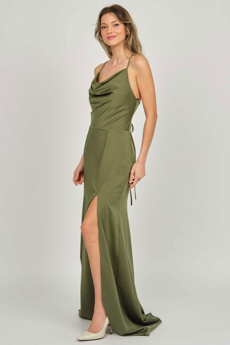 Doridorca Kadın Degaje Yaka Derin Yırtmaçlı Abiye Elbise 5922125 Haki - 7