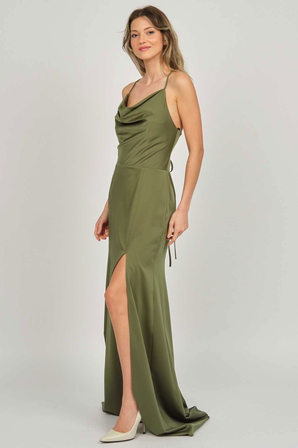 Doridorca Kadın Degaje Yaka Derin Yırtmaçlı Abiye Elbise 5922125 Haki - 7