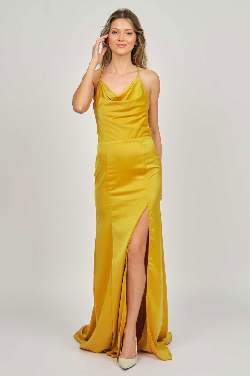 Doridorca Kadın Degaje Yaka Derin Yırtmaçlı Abiye Elbise 5922125 Hardal - 2