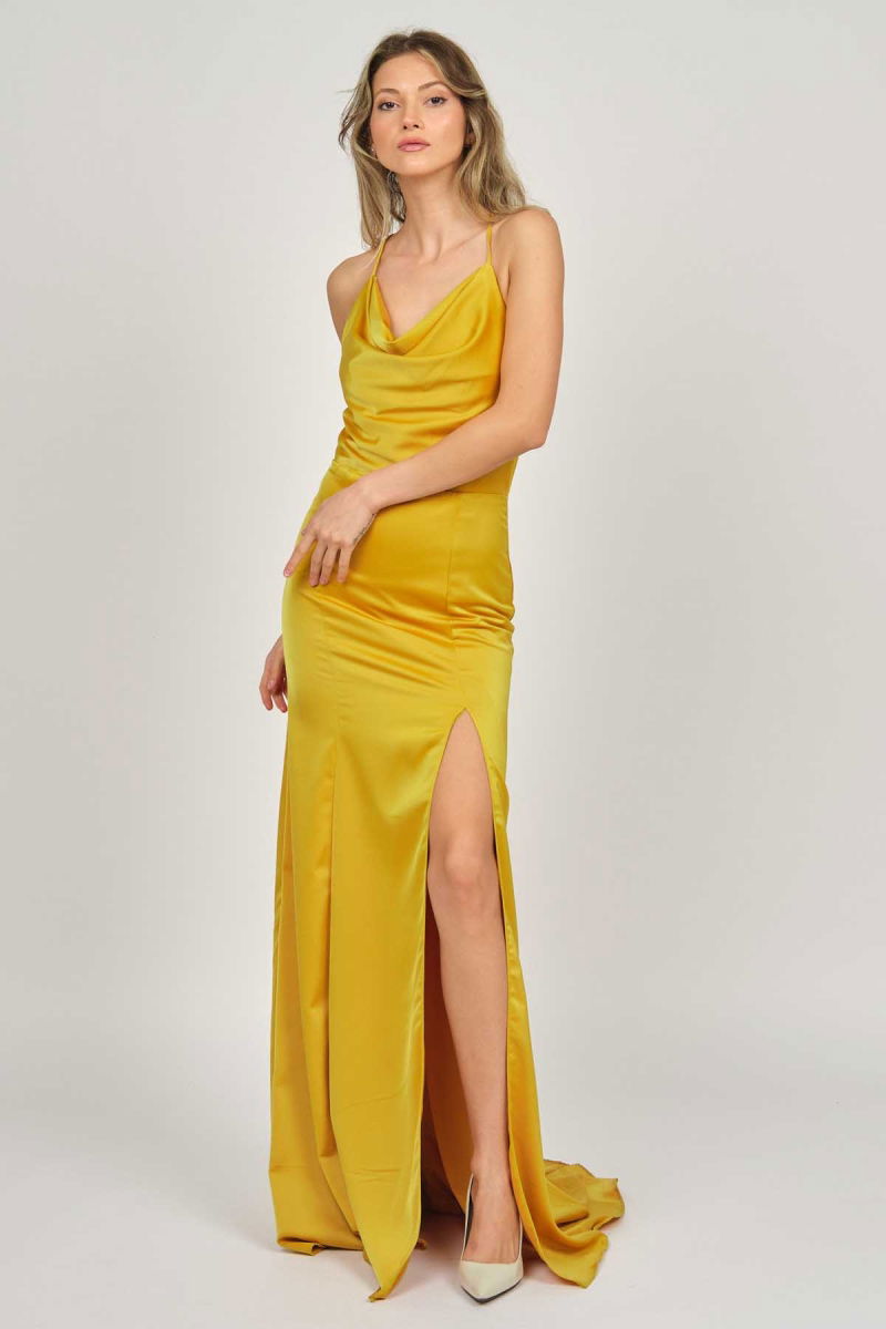 Doridorca Kadın Degaje Yaka Derin Yırtmaçlı Abiye Elbise 5922125 Hardal - 3