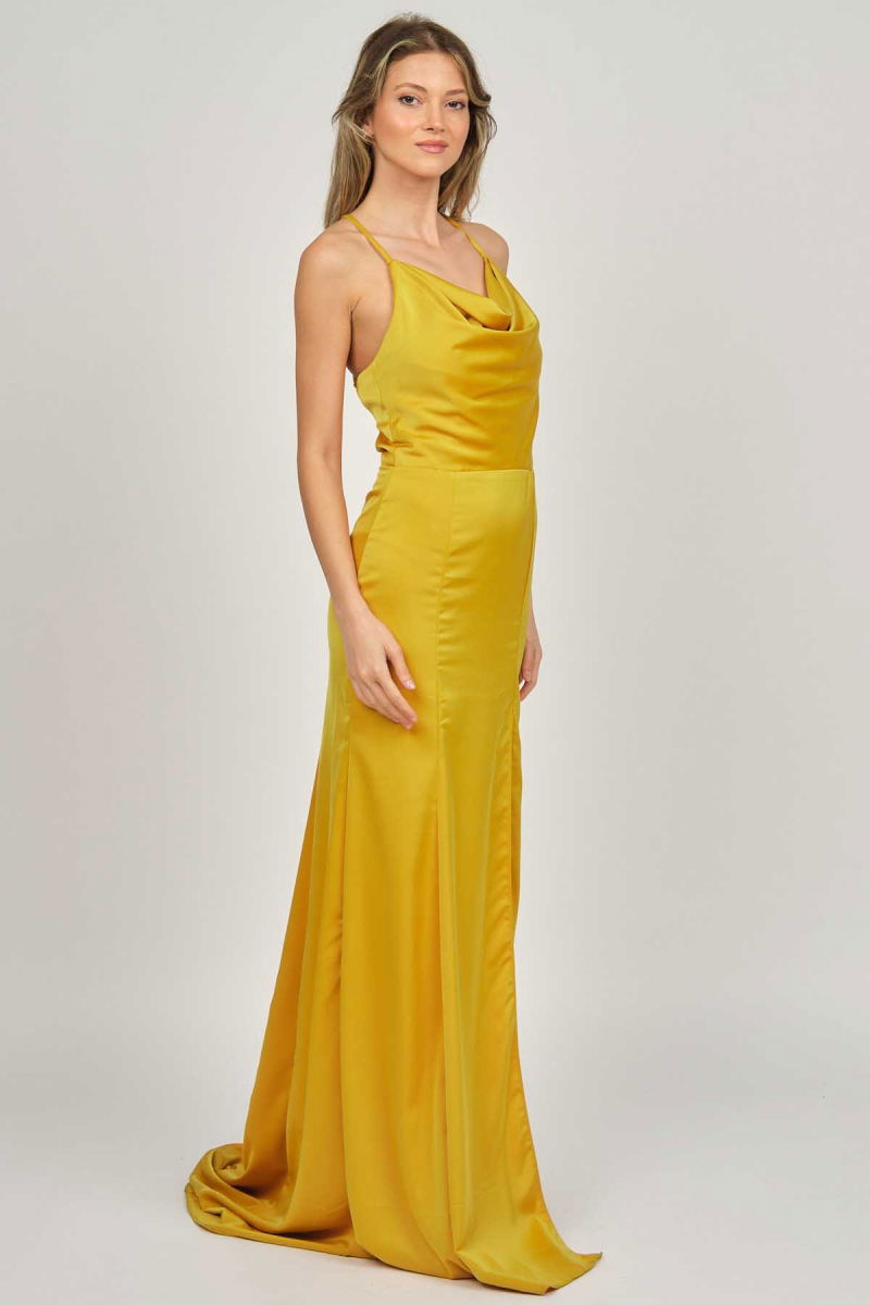 Doridorca Kadın Degaje Yaka Derin Yırtmaçlı Abiye Elbise 5922125 Hardal - 4