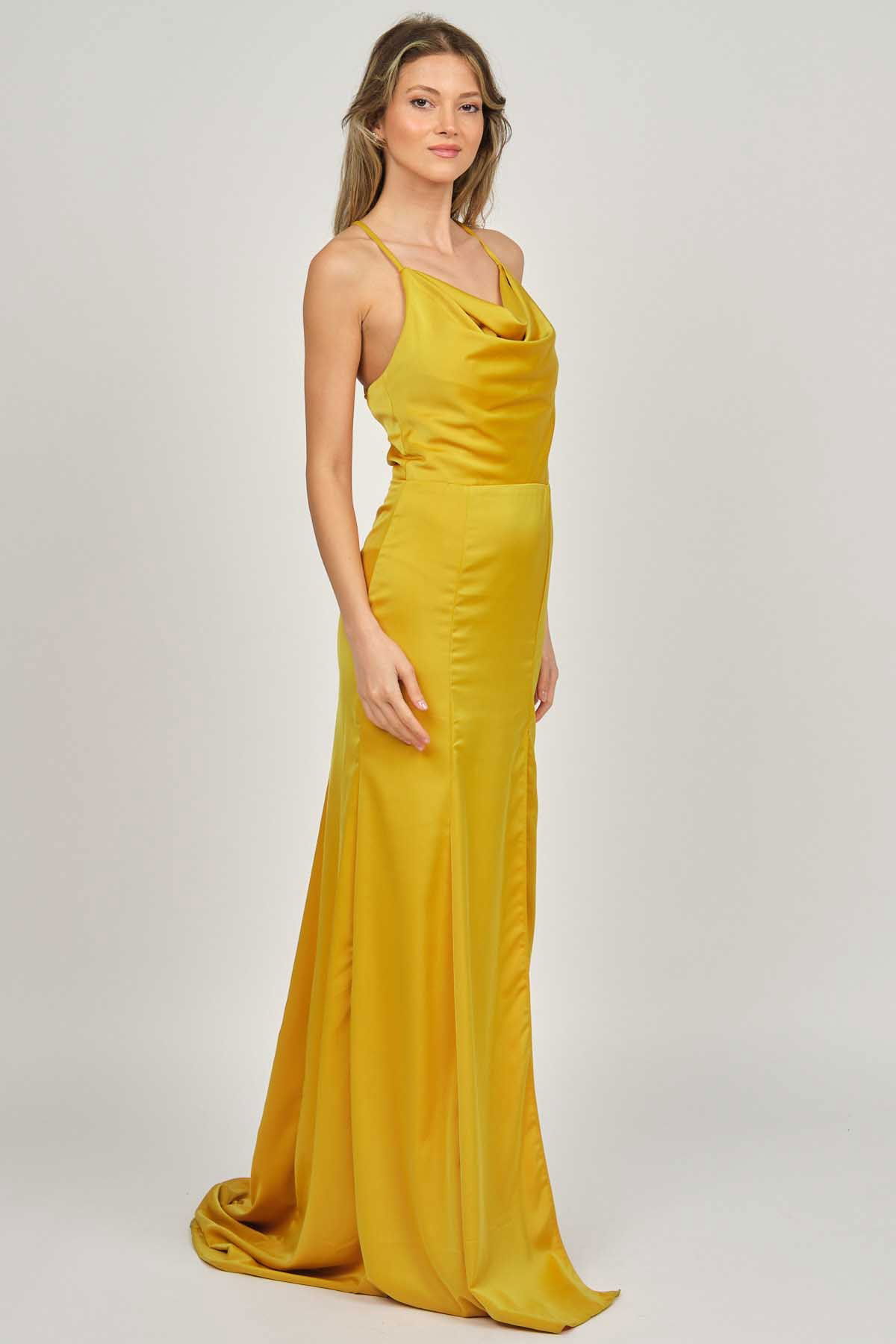 Doridorca Kadın Degaje Yaka Derin Yırtmaçlı Abiye Elbise 5922125 Hardal - 4