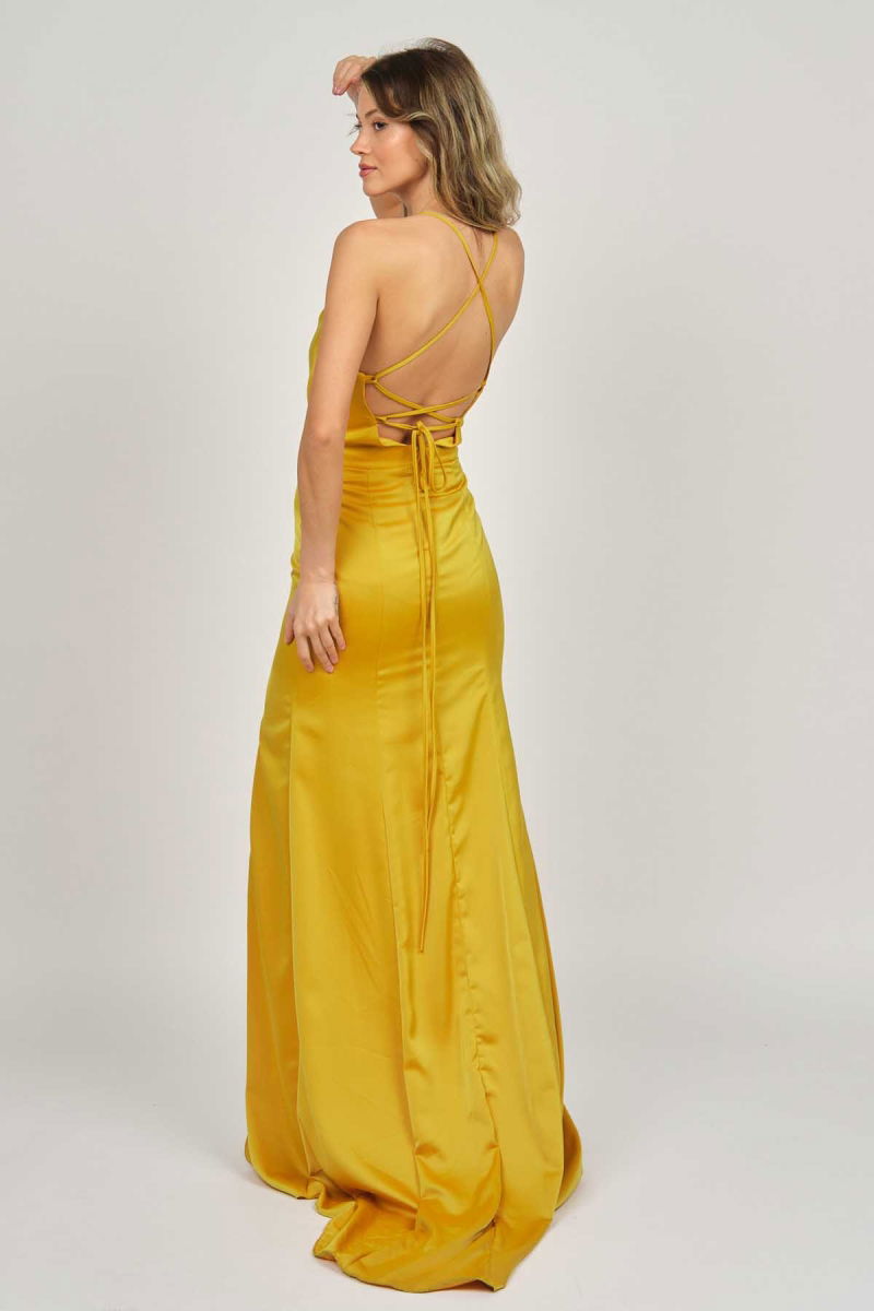 Doridorca Kadın Degaje Yaka Derin Yırtmaçlı Abiye Elbise 5922125 Hardal - 5