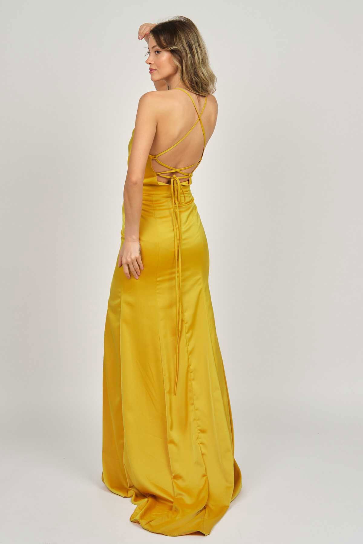 Doridorca Kadın Degaje Yaka Derin Yırtmaçlı Abiye Elbise 5922125 Hardal - 5