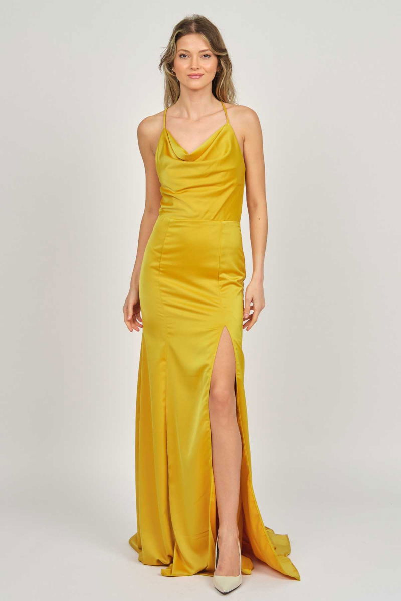 Doridorca Kadın Degaje Yaka Derin Yırtmaçlı Abiye Elbise 5922125 Hardal - 6