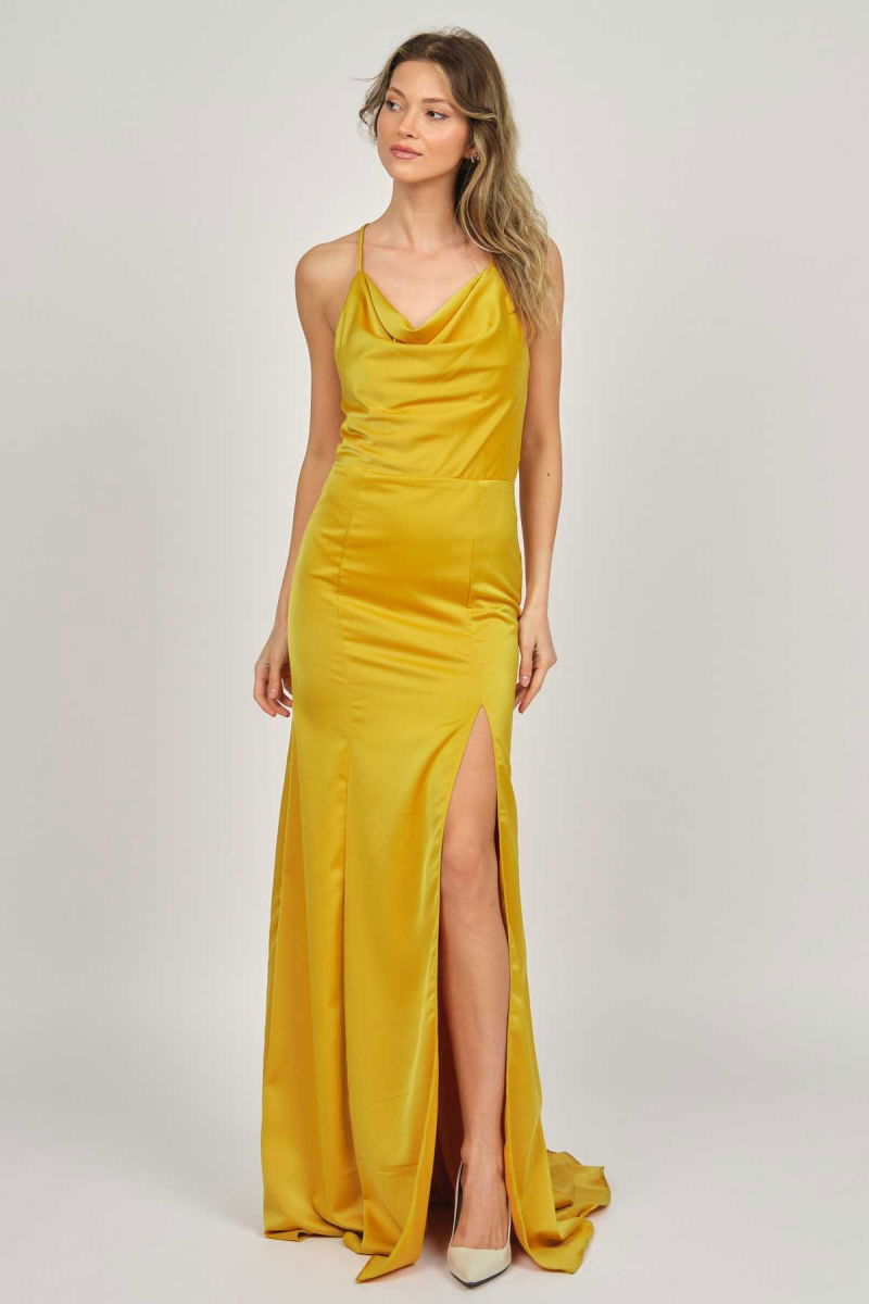 Doridorca Kadın Degaje Yaka Derin Yırtmaçlı Abiye Elbise 5922125 Hardal - 7