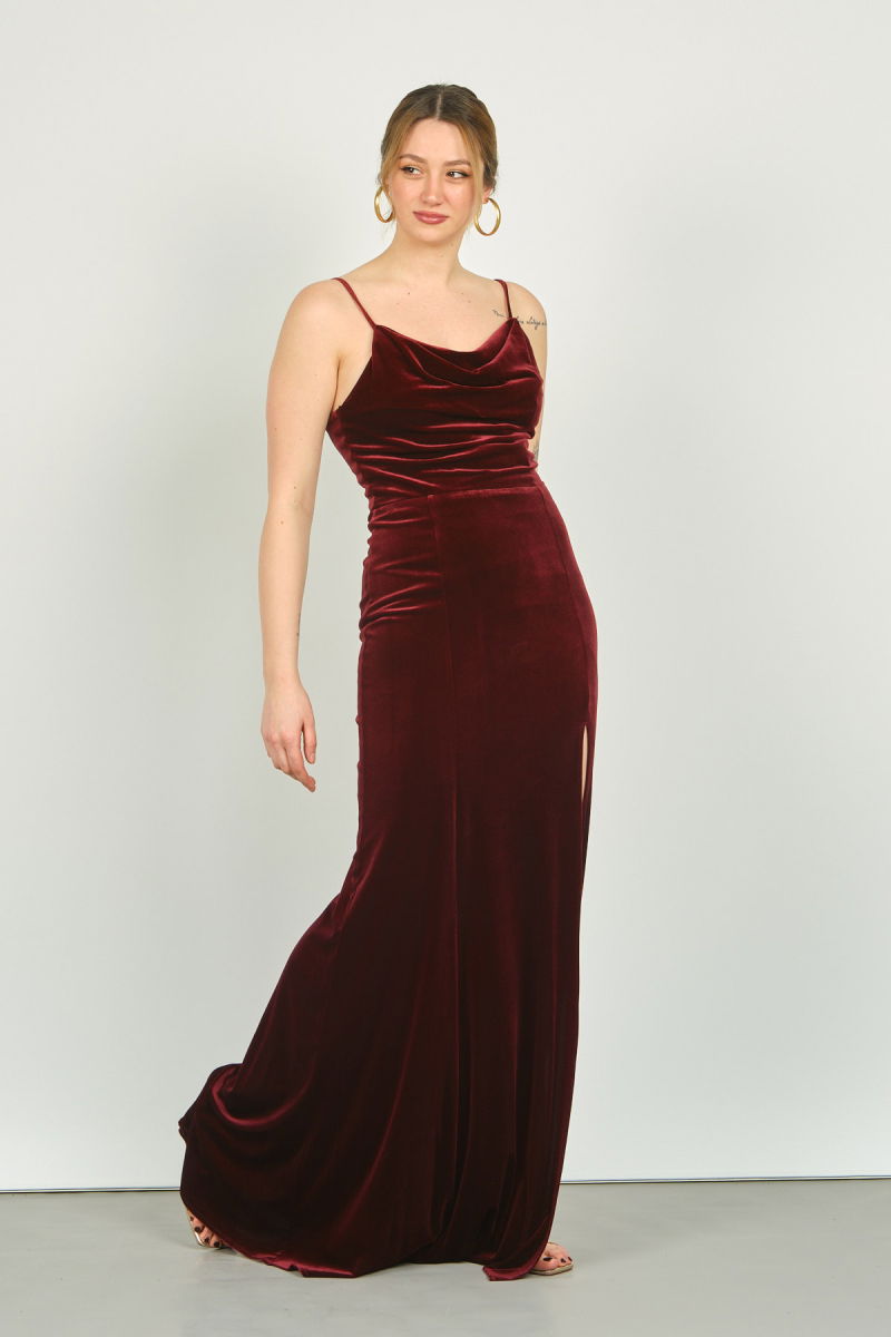 Doridorca Kadın Degaje Yaka Sırt Detaylı Kadife Abiye Elbise 3103 Bordo - 2