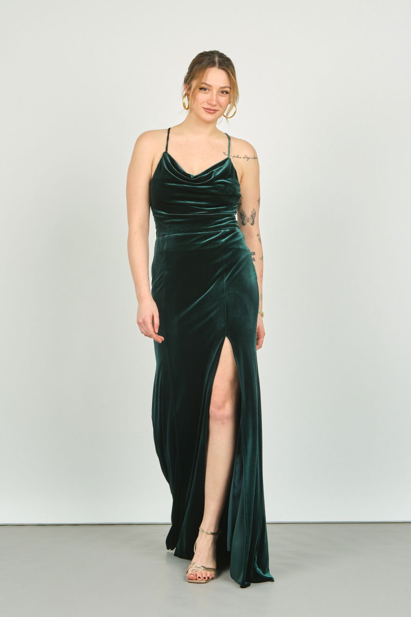 Doridorca Kadın Degaje Yaka Sırt Detaylı Kadife Abiye Elbise 3103 Yeşil - Doridorca