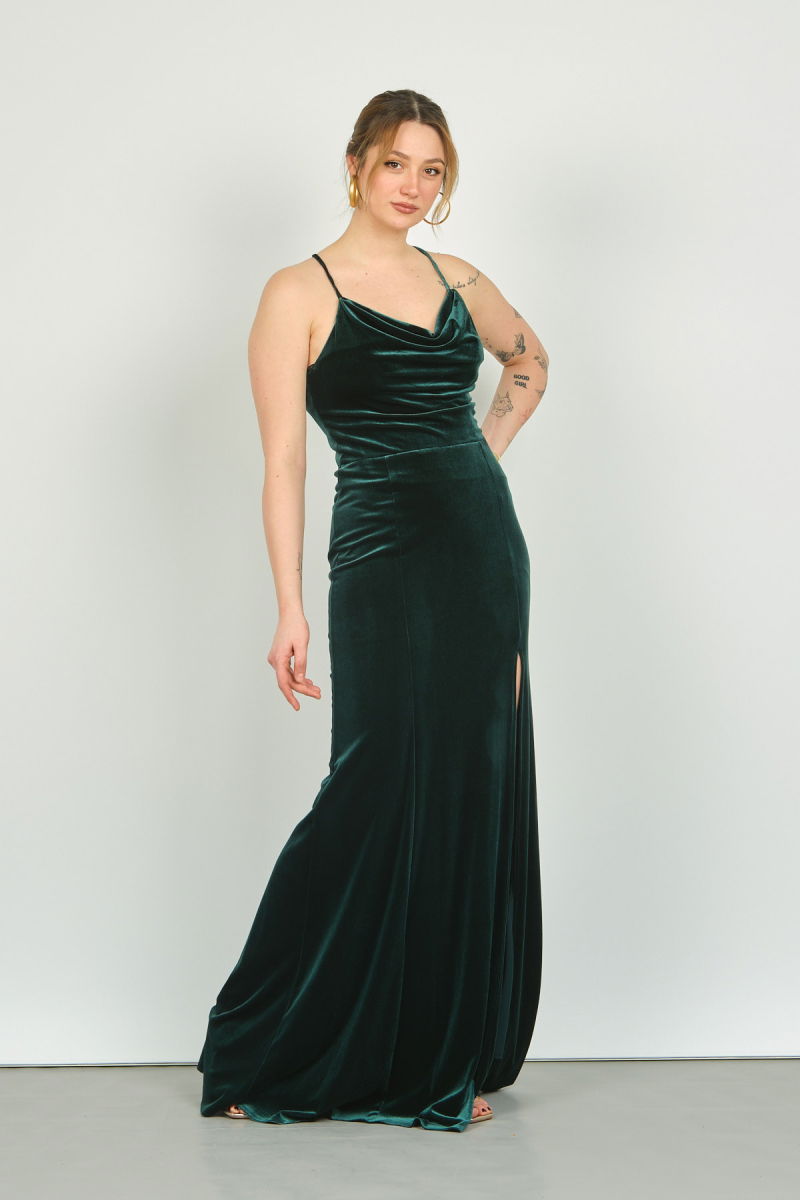 Doridorca Kadın Degaje Yaka Sırt Detaylı Kadife Abiye Elbise 3103 Yeşil - 3