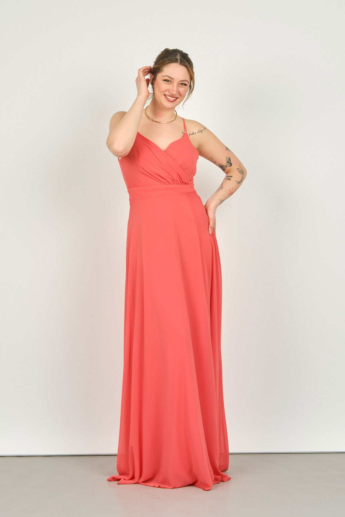 Doridorca Kadın Derin Yırtmaçlı Askılı Abiye Elbise 5924056 Nar Çiçeği - 1