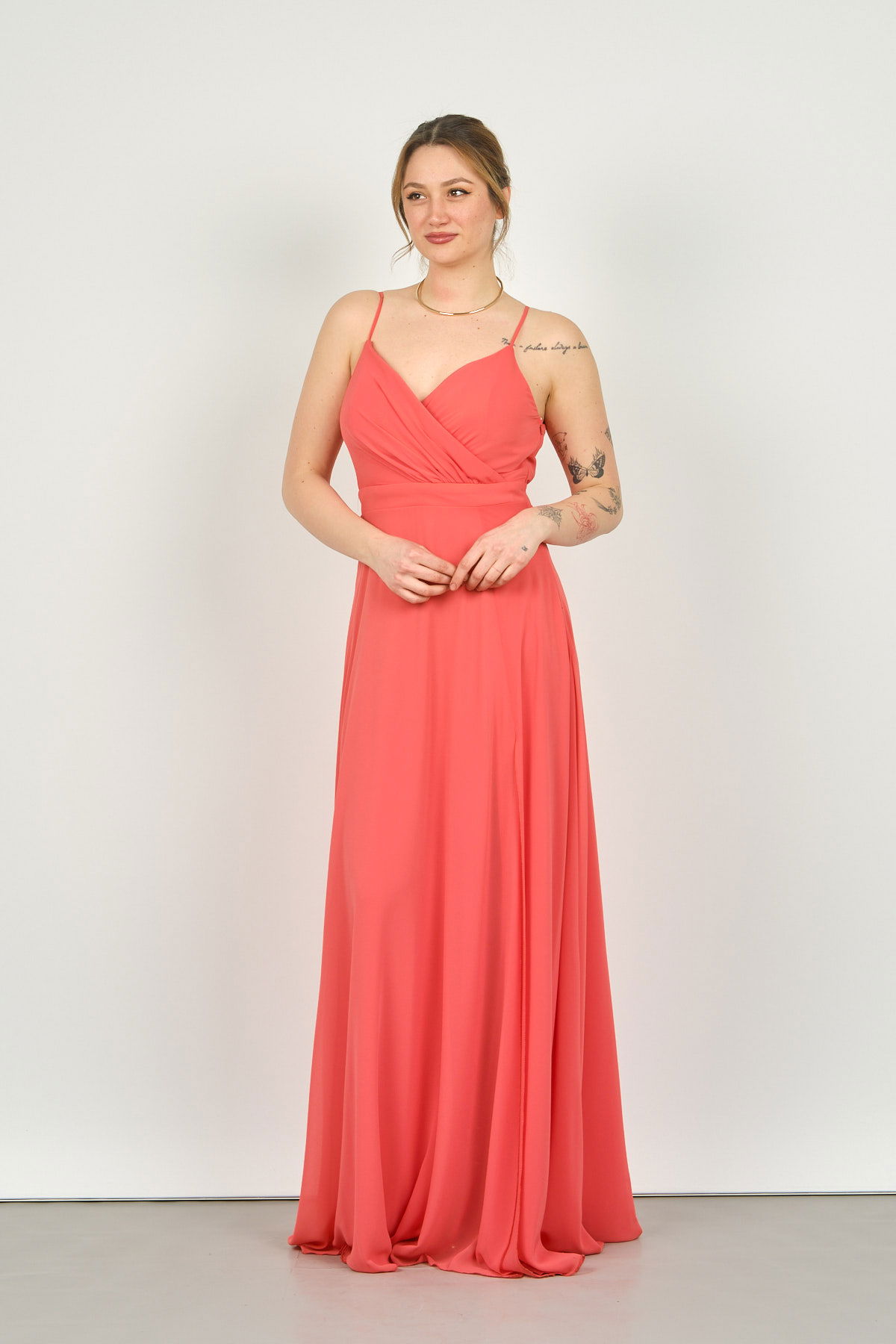 Doridorca Kadın Derin Yırtmaçlı Askılı Abiye Elbise 5924056 Nar Çiçeği - 2