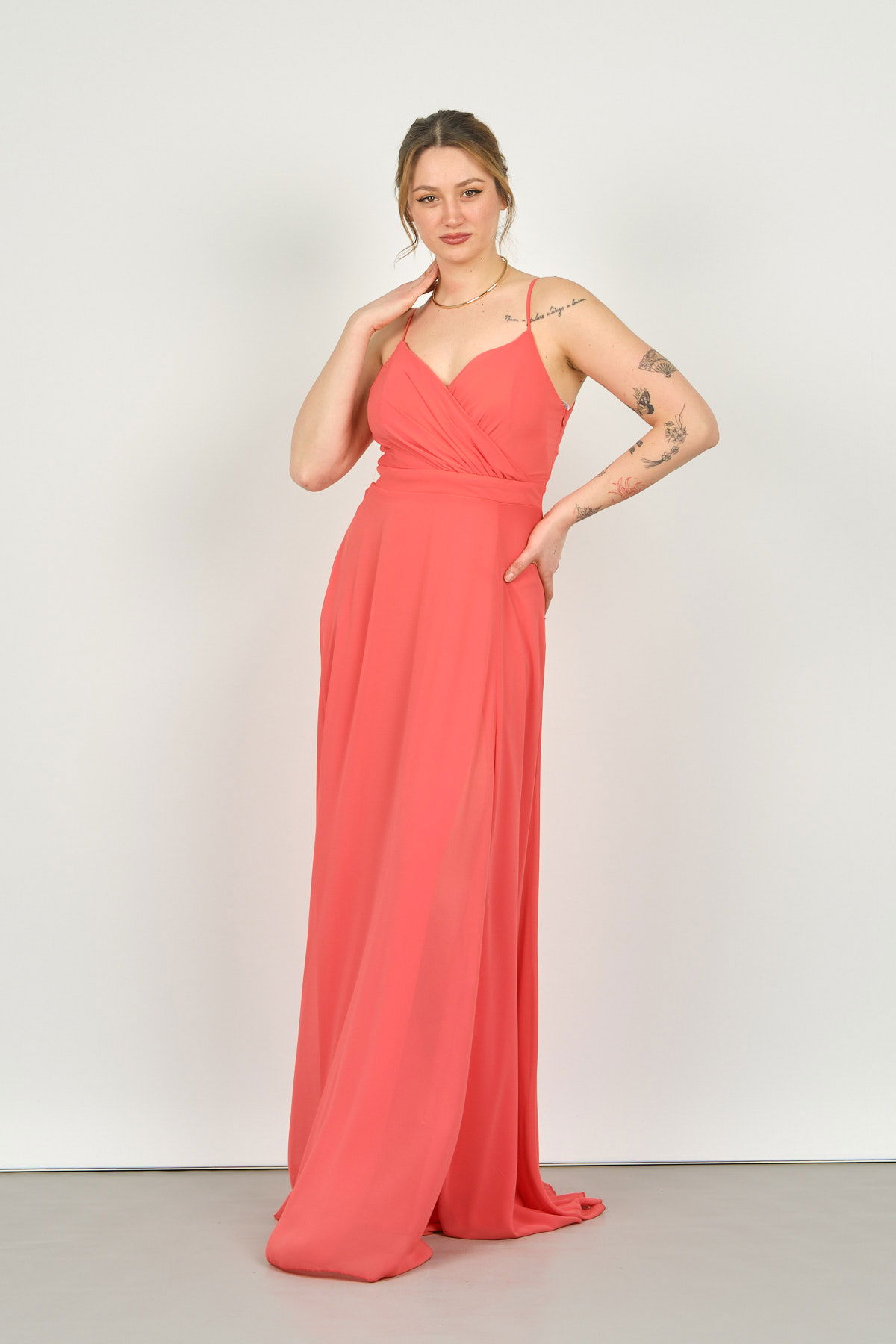 Doridorca Kadın Derin Yırtmaçlı Askılı Abiye Elbise 5924056 Nar Çiçeği - 3