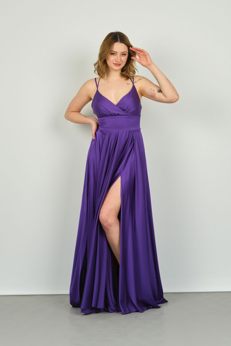 Doridorca Kadın Derin Yırtmaçlı Saten Abiye Elbise 5924047 Mor - 2