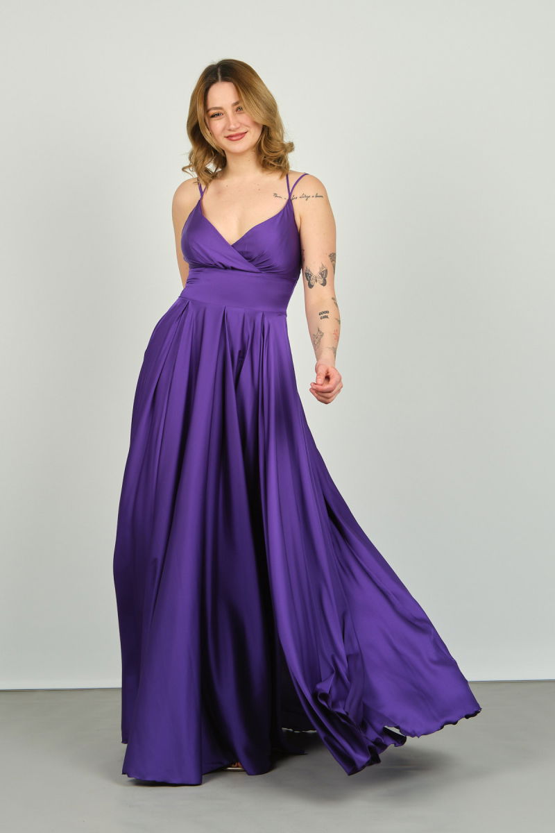 Doridorca Kadın Derin Yırtmaçlı Saten Abiye Elbise 5924047 Mor - 3