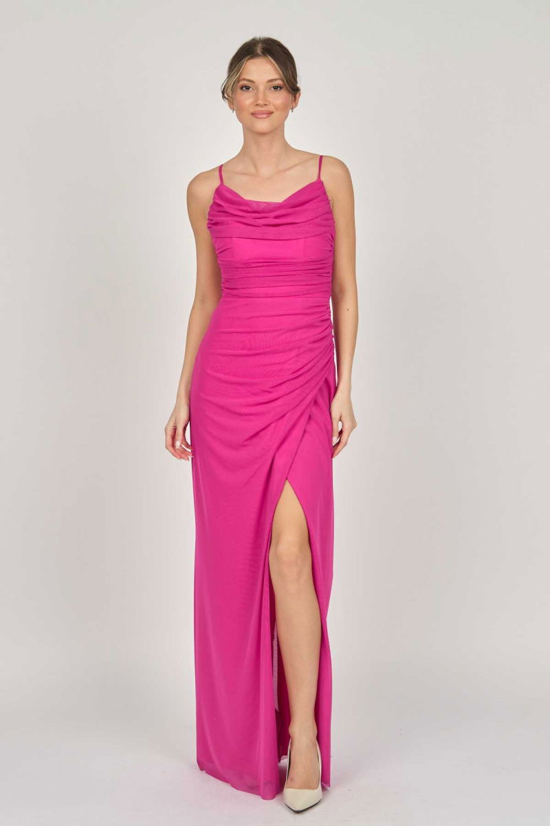 Doridorca Kadın Drapeli Askılı Abiye Elbise 5924058 Fuşya - Doridorca