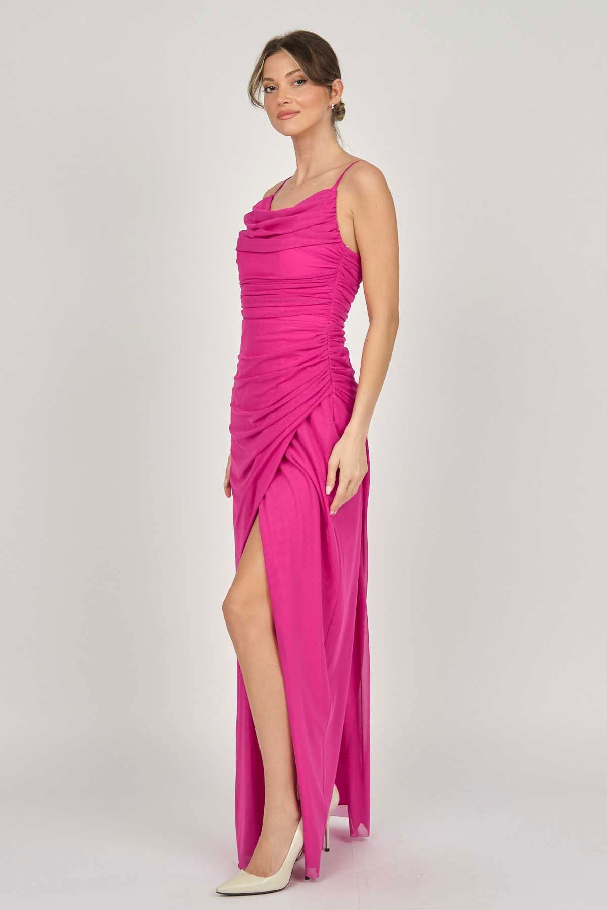 Doridorca Kadın Drapeli Askılı Abiye Elbise 5924058 Fuşya - 4