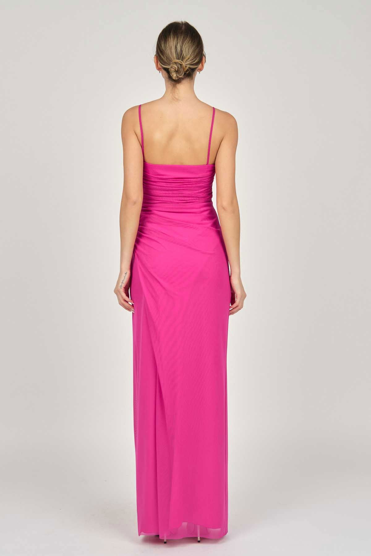 Doridorca Kadın Drapeli Askılı Abiye Elbise 5924058 Fuşya - 5