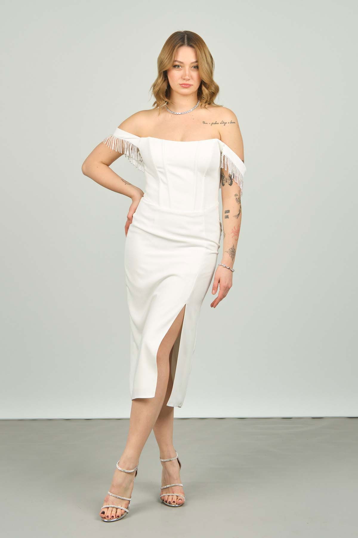 Doridorca Kadın Düşük Omuz Midi Boy Abiye Elbise 5130 Beyaz - 1