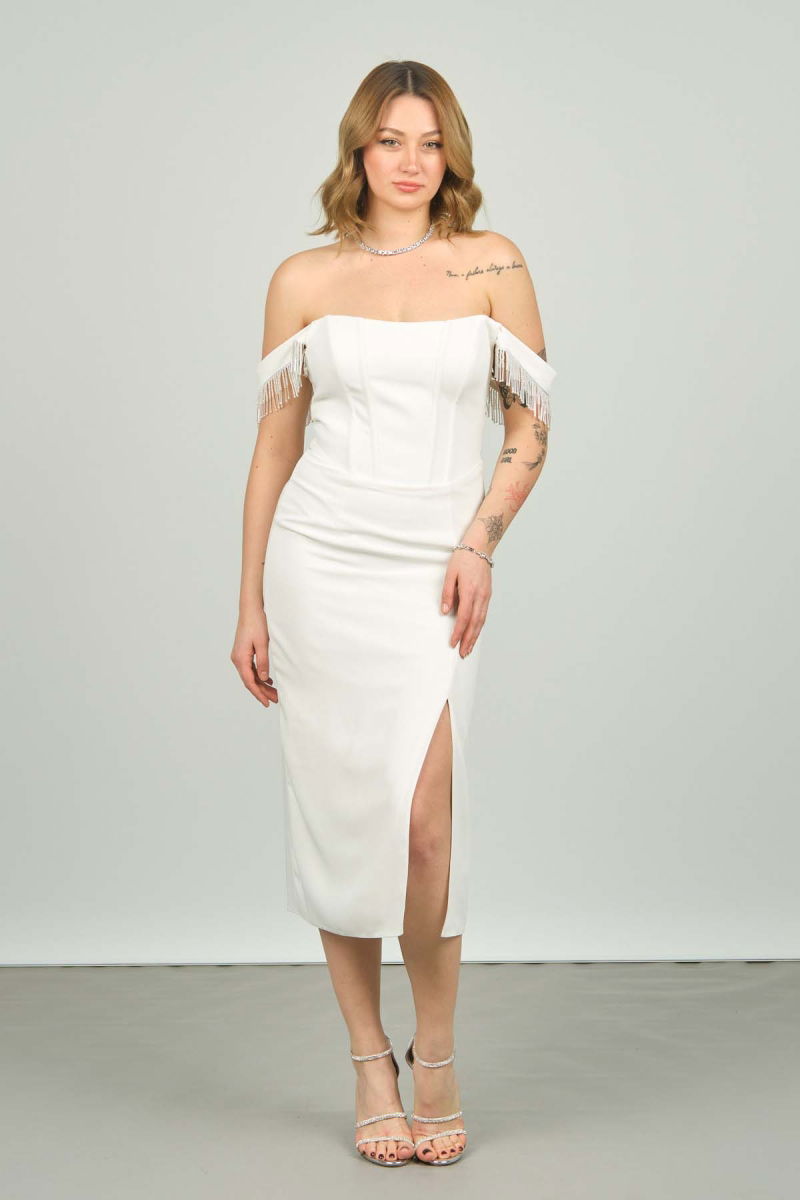 Doridorca Kadın Düşük Omuz Midi Boy Abiye Elbise 5130 Beyaz - 2