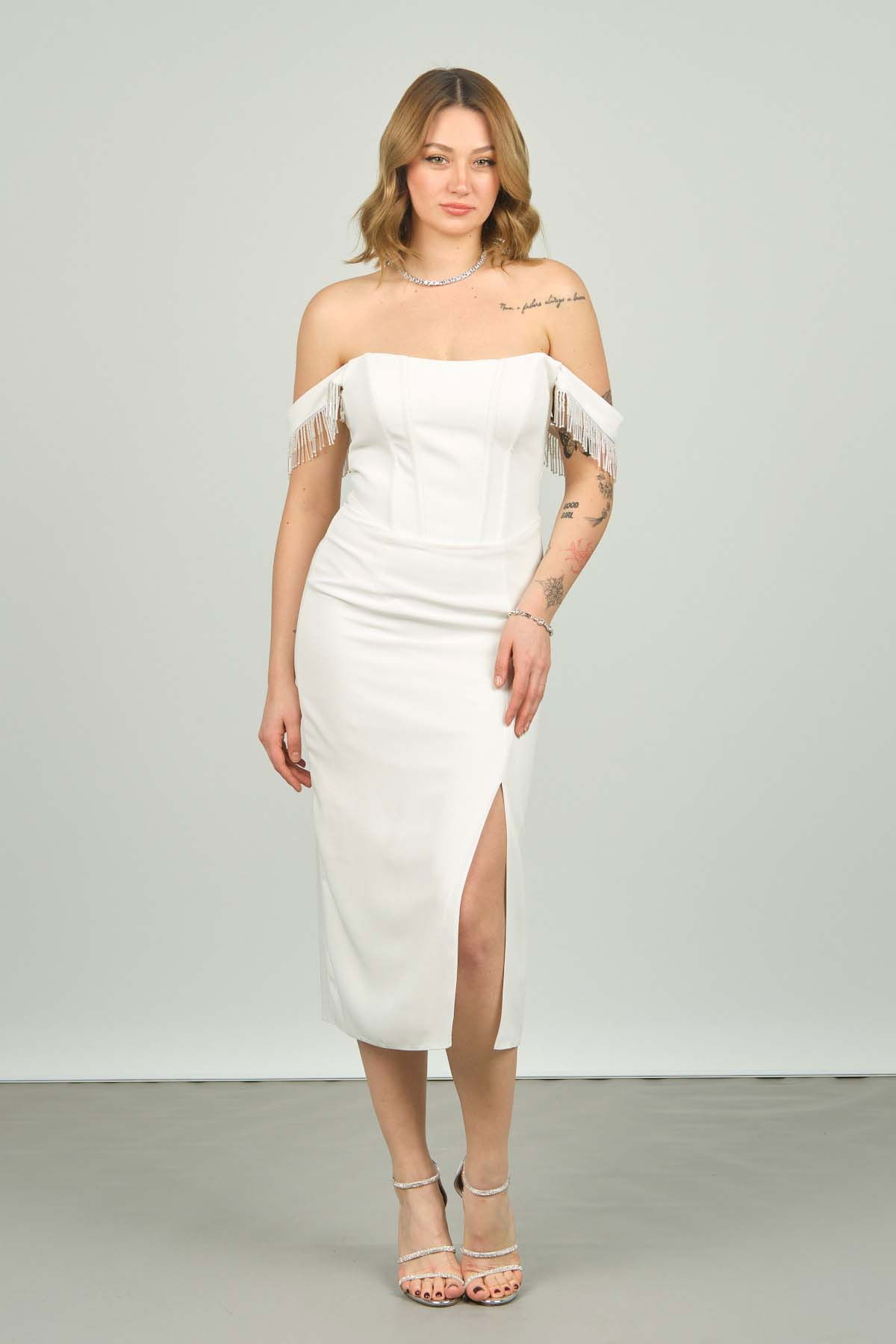 Doridorca Kadın Düşük Omuz Midi Boy Abiye Elbise 5130 Beyaz - 2