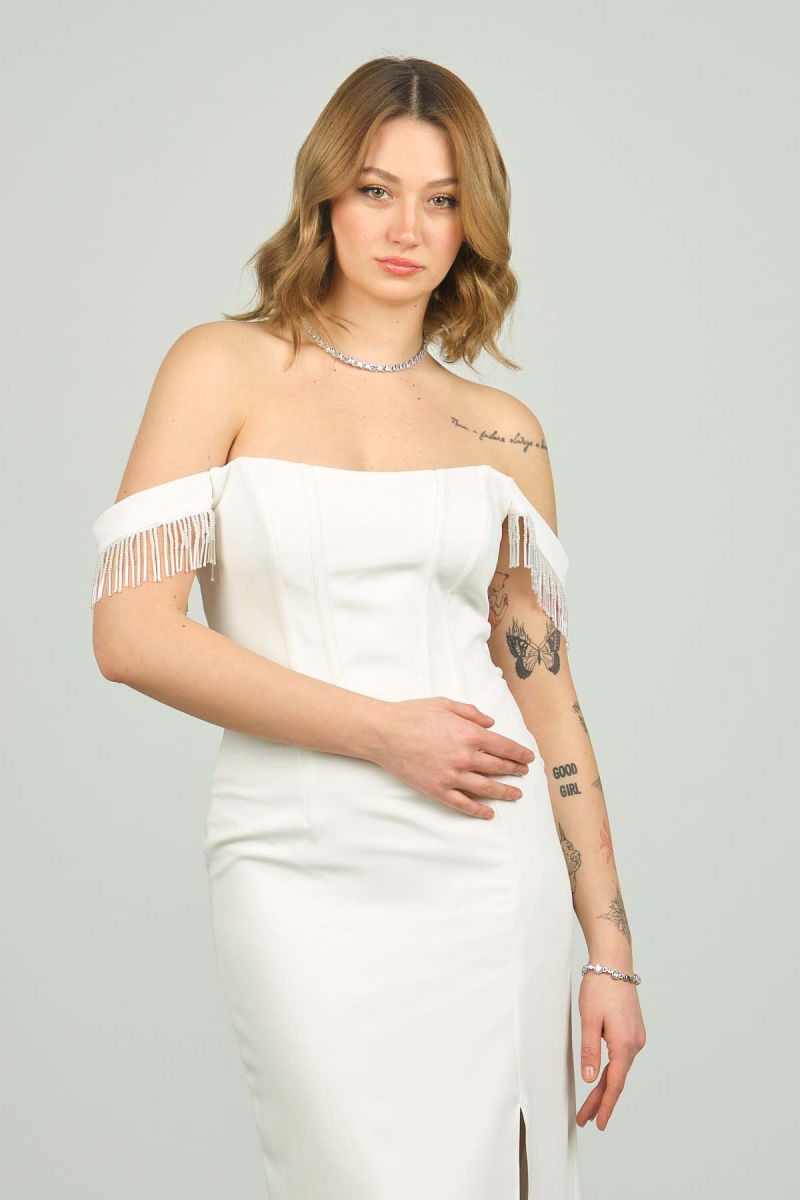 Doridorca Kadın Düşük Omuz Midi Boy Abiye Elbise 5130 Beyaz - 3