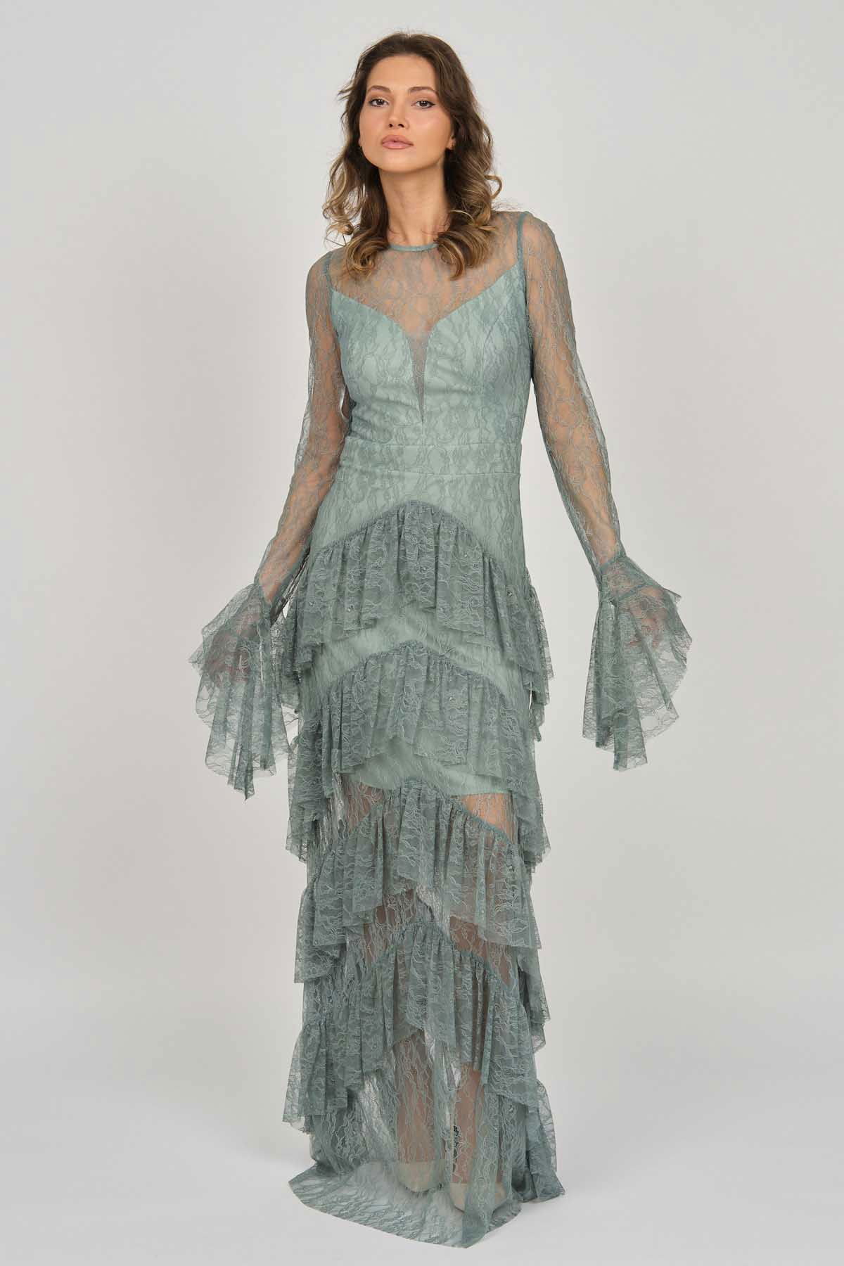 Doridorca Kadın Fırfır Detaylı Abiye Elbise 5921085 Limon Küfü - 1