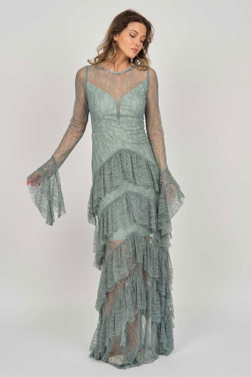 Doridorca Kadın Fırfır Detaylı Abiye Elbise 5921085 Limon Küfü - 2