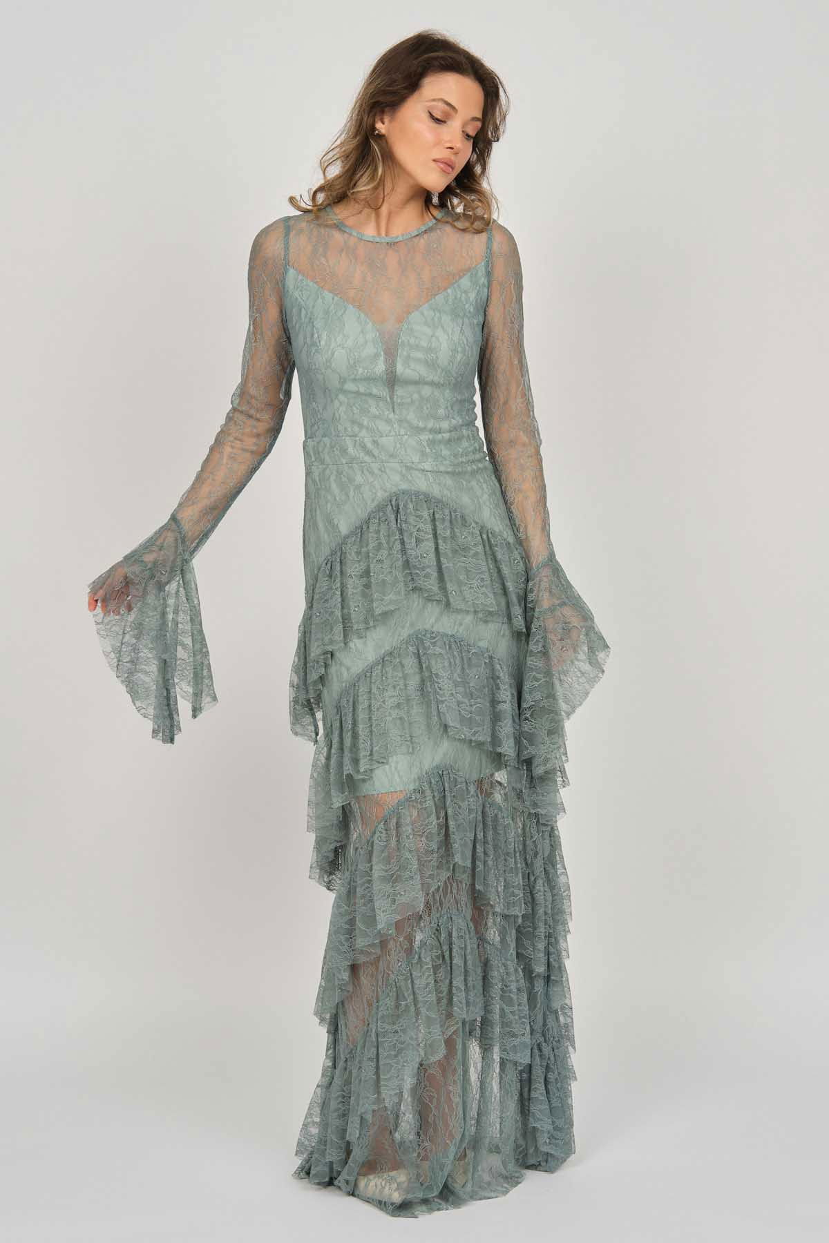 Doridorca Kadın Fırfır Detaylı Abiye Elbise 5921085 Limon Küfü - 2