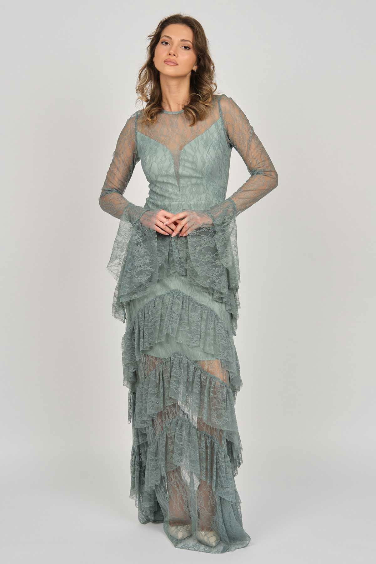 Doridorca Kadın Fırfır Detaylı Abiye Elbise 5921085 Limon Küfü - 4